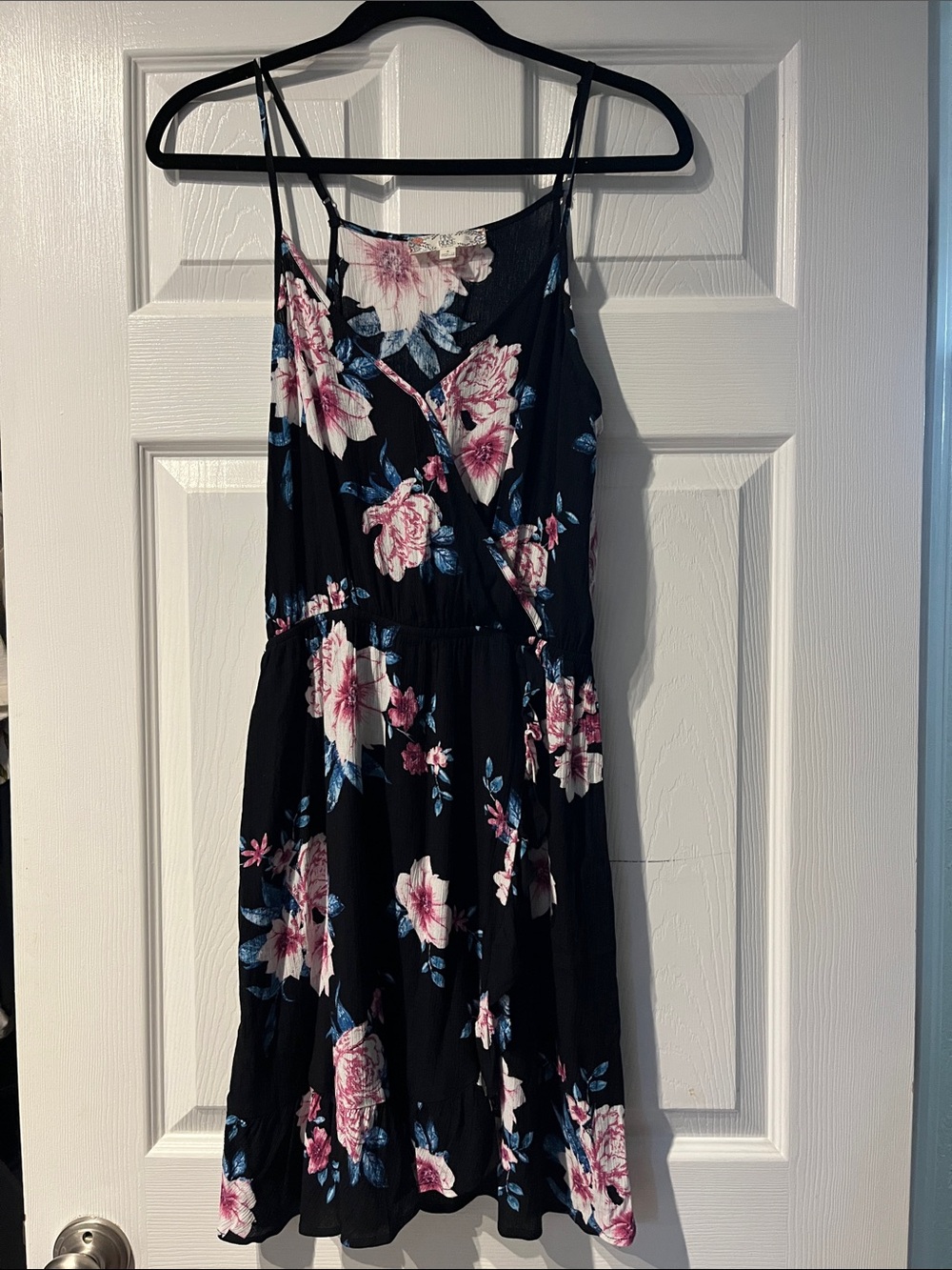 Pink Rose Black Mini Dress with Pink & Blue Floral Print